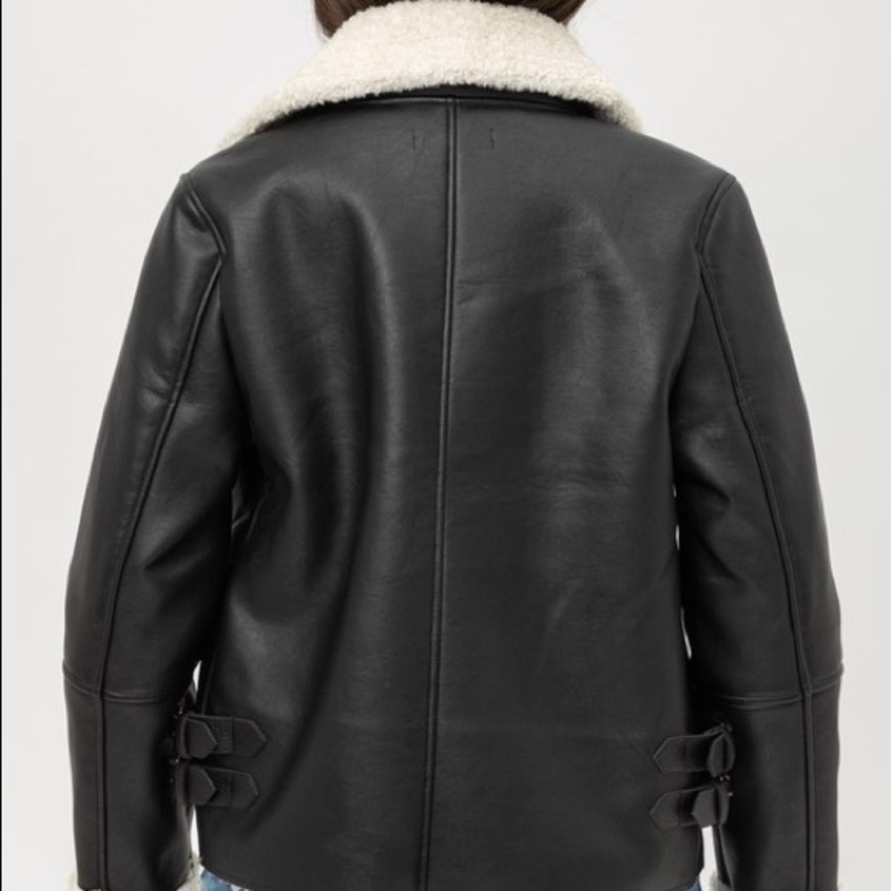 Black shearling zipper leather moto biker jacket - Picture 4 of 6